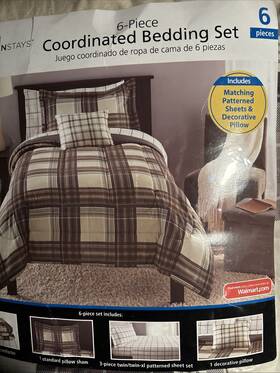 Mainstays 063108759423 Microfiber Twin Brown Plaid 6 Piece Bedding Set