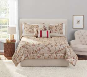 Mainstays 580110588518 7-piece Tan And Red Cherry Blossom Jacquard Comforter Set With Dec Pillows