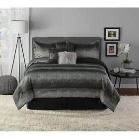 80870 Mainstays 7-piece Comforter Set Ombre Metallic Stripe Black Silver King