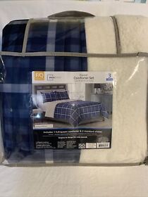 Mainstays Blue Plaid Reversible To Sherpa Comforter Set Full Queen Ships Free