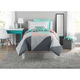 Ms5701030822-21 Mainstays Gray And Teal Geometric 6 Piece Bed In A Bag With Sheets Twin/twin Xl