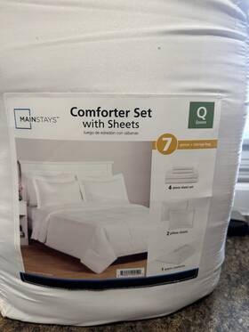 Ms90-001-124-01 Mainstays Queen Comforter Set 7 Piece White All Seasons Sheets Pillow Shams