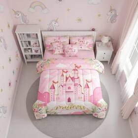 B0d6vff7c4 Manfei Girls Princess Comforter Set 7 Pieces Reversiblecartoon Castle Pink Bed