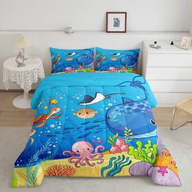 Wws10073gyy-bz Manfei Usf Marine Animals Comforter Set Full Shark Octopus Turtle Coral Wws10073