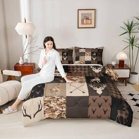 Wws12637gyy-bz Manfei Antler Silhouette Kids Comforter Set Queen Size Camo Brown Rustic Bedding Gi