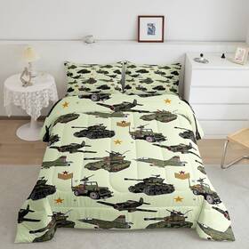 Wws19438zc-bz Manfei Usf War Theme Comforter Set Full Size Army Green Aircraft Tanks Bedding S