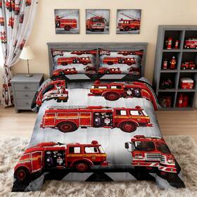 Wws5786bzzc-twin Manfei Fire Truck Comforter Set Twin Size Red Engine Duvet Insert Cartoo
