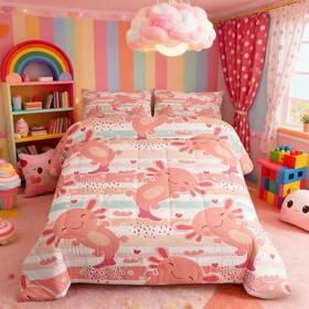 Wws6625bzgyy-twin Manfei Cute Axolotl Comforter Set Twin Size Rainbow Stripes Quilt Animal Theme B