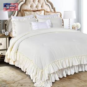 Hu-xi-138 Masaca Shabby King Size Comforter Set Farmhouse Ivory Bedding Ruffled
