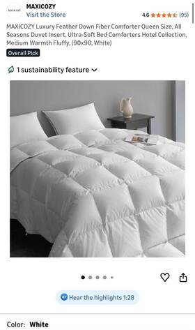 Maxicozy 810141711181 Tech Sleep Queen Size 90x90 Feather Down Comforter High Fill Duvet Wht