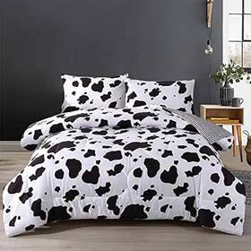 Fs578 Mengersi Cow Print Comforter Set Full Size Black And White Reversible All Season Plai