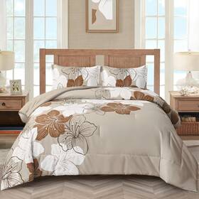 Menghomeus 744759809278 California King Comforter Set 3pc Taupe Floral Microfiber Bedding