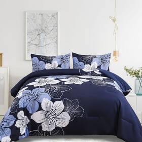 Rs16ab010860k3u-p Menghomeus King Size Comforter Set Navy Blue Floral Bedding Sets - Soft Microf