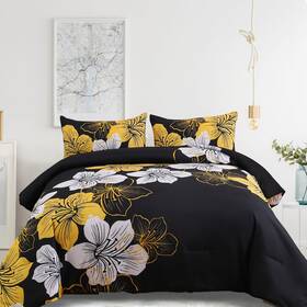 Rs16ab010861k3u-p Menghomeus King Size Comforter Set Black/gold Floral Bedding Sets Soft Microfi