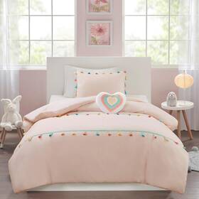 Mzk10-261 Mi Zone Kids Twin Girls Comforter Set Blush Pink Tassel Pom With Sham And Heart Pillow 3pc