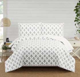 94251312 Modern Heirloom Rare 3pc King Block Print Quilt Set Blue New