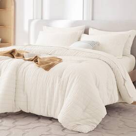 Mo-srs7-iv-q Muxhomo Queen Comforter Set 7 Pieces Seersucker Bed In A Bag Luxury Bedding Ivory Size