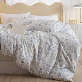Nanko 445046282271 Blue Floral Comforter Set King Size 3 Pcs White Flower Leaf Printed