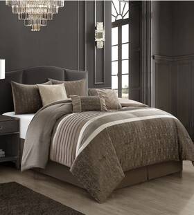 Nanshing 810069484129 Geometric 7 Piece Comforter Bedding Set King Bed Size Beige Taupe