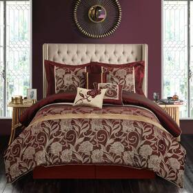 Nanshing 810122902843 Brie 7 Piece Floral Jacquard Comforter Set Red/gold King