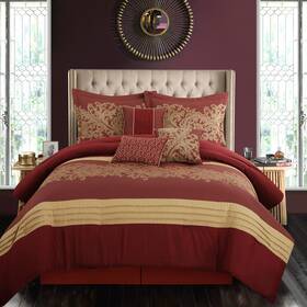 Nanshing 810122906612 Salem Damask Jacquard 7-piece Comforter Set Red/gold California King