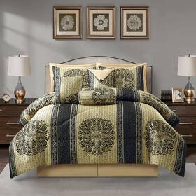Nanshing 810157414274 Prince 7 Piece Elegant Medallion Comforter Set Navy Gold California Kin