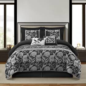 Nanshing 810184884637 Brie 7 Piece Floral Jacquard Comforter Set Black Silver Queen