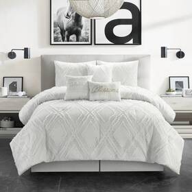 Nanshing 814740027674 Bijou 7-piece Diamond Embroidery Comforter Set White California King