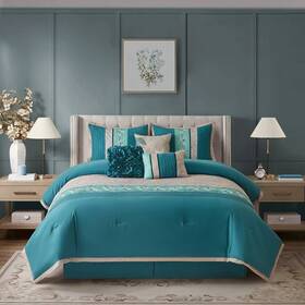 Nanshing 879421020443 Nicole 7-piece Glam Floral Comforter Set Blue Queen