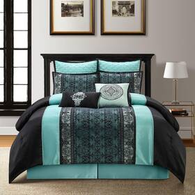 Nanshing 879421020481 Sierra Faux Silk Damask 8-piece Comforter Set Blue Queen