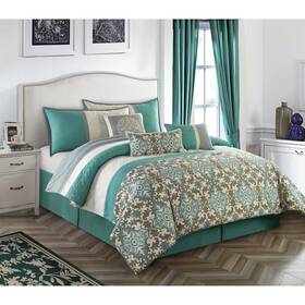 Nanshing 879421022645 Reina Trellis 7 Piece Comforter Set Teal Queen