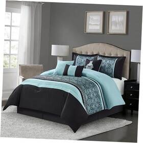 Arabe-b2b Nanshing Damask 7 Piece Comforter Set King Aqua/black Ultra-soft Bedding Matching Arabe-b2b Nanshing Damask 7 Piece Comforter Set King Aqua/black Ultra-soft Bedding Matching