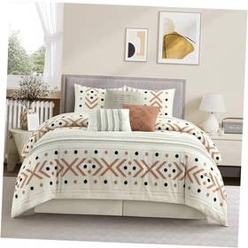 Nanshing International Inc. 810157412980 Terry Embroidery Comforter Set Size 7 Piece Geometric Bedding King Taupe