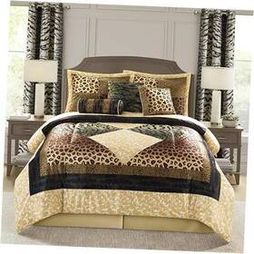 Nanshing International Inc. 810168550282 Brown Gold Leopard Comforter Set Size 9 Piece Short Plush Print King Z-brown