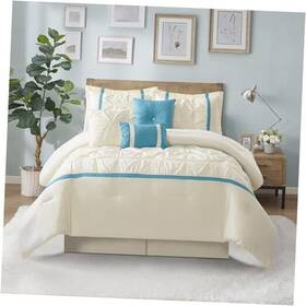 Elenab2b Nanshing International Inc. Beige Blue Comforter Set King Size 7 Piece Microfiber Technique All Season