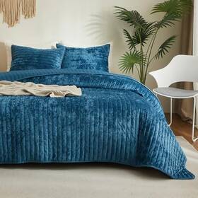 Ht010 Nantong Well Textile Science And Technology Co. Ltd Ultra Soft Velvet Quilt Set King King/cal.king 106 Inch X 96 Teal Blue Striped
