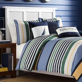 209770 Nautica King Comforter Set Reversible 100% Cotton Blue Striped With Shams 3-piece