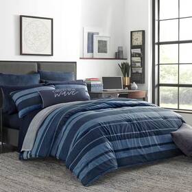 Nautica 313053938917 Long Point 3-piece Navy Blue Striped Cotton Full/queen Comforter Set