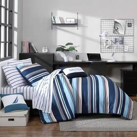 Nautica 883893878518 Nip Twin/xl Colton Blue Comforter Set White/blue/red Stripes Polyester