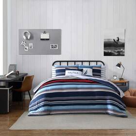 Ushs8k1280315 Nautica Colton Blue 5-piece Microfiber Full/queen Reversible Comforter Sham Bonus Set