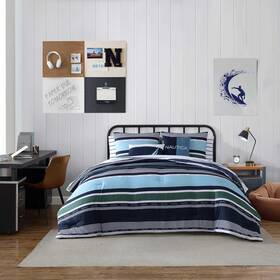 Ushs8k1280319 Nautica King Striped Comforter Set 5pc Elliot Blue Brushed Soft Polyester Hotel-style