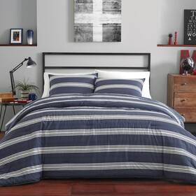 Ushsa51111822 Nautica Craver 3-piece Navy Blue Striped Cotton Full/queen Comforter Set