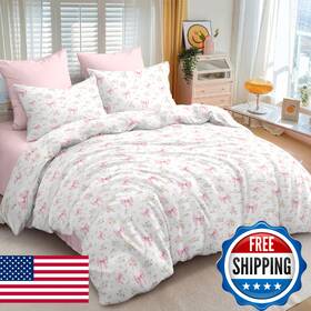 B0fm818m3c Nayoroom Pink Bow Comforter Set Full Size White Green Leaf Floral 3 Pi