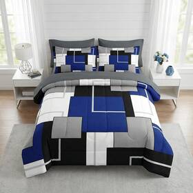 Lqq2506201024-mb7s-fa3 Nesker Comforter Set Full Size Blue Black Geometric 7 Pcs Bedding For Kids A