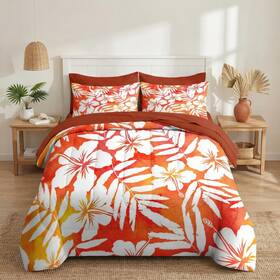 Sss1006830-mb7s-fa11 Nesker 7 Pcs Comforter Set Full Size Red Hibiscus Hawaiian Bedding For Kids