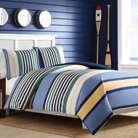 New Nautica Dover Twin Blue Yellow Navy Striped Comforter Pillow Case Set