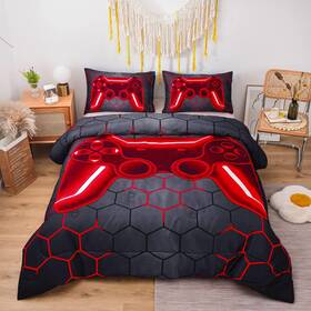 Hu-xi-182 Ntbed Kids Game Console Comforter Set Red Full Size Geometric Microfiber Bedding