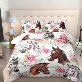 Ekbttac075-twin-1124 Nttopship Horse And Flower Comforter Set For Girls Kids Floral 3 Piece Bedd Inch