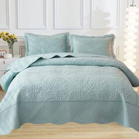 Ocean Home Fashion Inc 850073702239 100% Cotton Quilt Set - 3-piece Embroidered Queen 98 Inch X 90 Aruba Blue