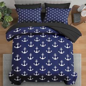 Sss1086316-mb7s-qa Pamnest Comforter Set Size Nautical Navy Blue Sea 7 Pcs Bedding Full Anchors